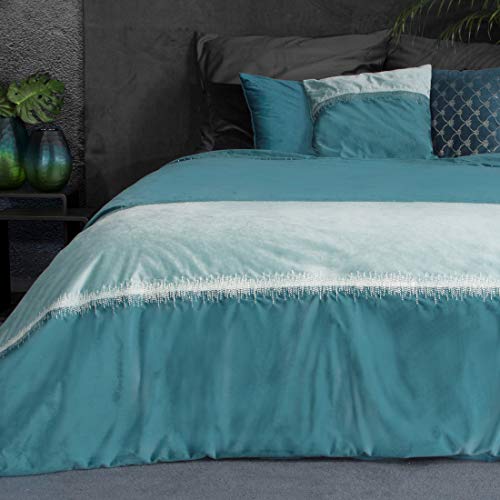 Eurofirany Bedsprei, fluweel, sprei, deken, sprei, sprei, deken, sprei, deken, sprei, metalen naad, elegant, edel glamour, slaapkamer, woonkamer, lounge, turquoise, 220x240cm