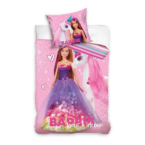 Carbotex Barbie BARB225060 Kinderbeddengoed, omkeerbaar beddengoed, 135 x 200 cm/80 x 80 cm