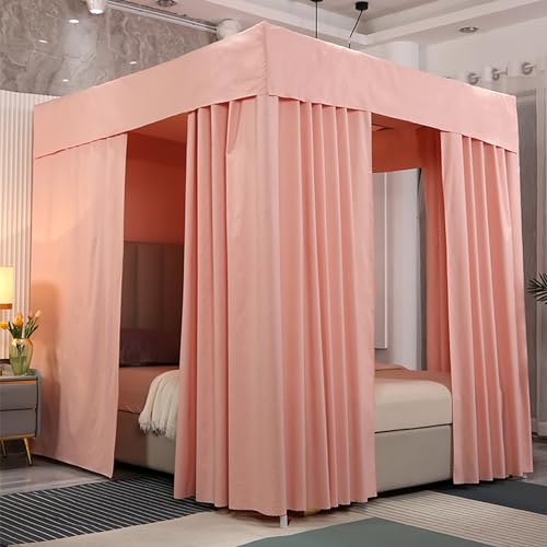 GUOIOOI Hemelbedgordijnen met beugel, 4 hoekstijlen Bedhemel Effen Kleur Lichtdicht Bedgordijn, Verduisterende hemelbedgordijnen for volledig queensize kingsize bed (Color : Light pink, Size : King)