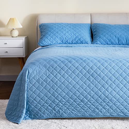 Threads For Bed ® Beddensprei-set van 3-delig, katoen, gevulde geruite sprei, premium dun dekbed, woondeken, banksprei, blauw, 1 beddensprei van 260 x 240 cm + 2 kussenslopen 40 x 80 cm