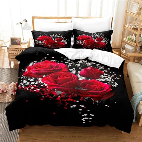 ZDLLDZ Modeontwerp bloemen rozen beddengoed set dekbedovertrek set beddengoed digitaal bedrukt queensize beddengoed set 135 x 200 cm + 50 x 80 cm x 2