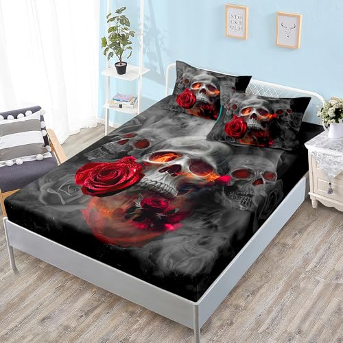 HJOSWVNS Tweepersoons hoeslaken rose grijze schedel hoeslaken dubbele microvezel tweepersoonsbed laken ademend tweepersoons lakens hoeslaken zacht tweepersoons laken wasbaar hoeslaken tweepersoonsbed 150 x 200