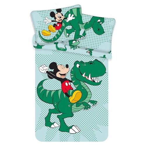 Jerry Fabrics Disney Dinosaur Peuterbeddengoed met Mickey Mouse – Dinosaurus Kinderbedje, Omkeerbaar – Mickey Mouse Beddengoed, afmeting 100 x 135 cm, 40 x 60 cm, groen bedlinnen, dekbedovertrek en kussensloop