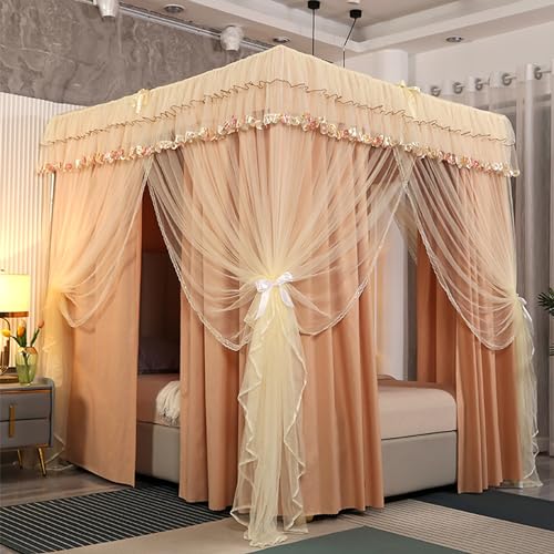 GUOIOOI Hemelbedgordijnen, 4 hoeken Post Prinses hemelbedgordijn for meisjes en volwassenen Luxe gezellige ademende tent hemelbedgordijnen Net for Twin/Full/Queen/Kingsize bed (Color : Brown, Size : Double