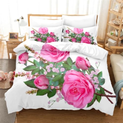 ZDLLDZ Beddengoedset met queensize bed, roze roos, dekbedovertrek, dekbedovertrekset, dekbedovertrek, kingsize dekbedovertrekset, 230 x 220 cm + 50 x 80 cm x 2