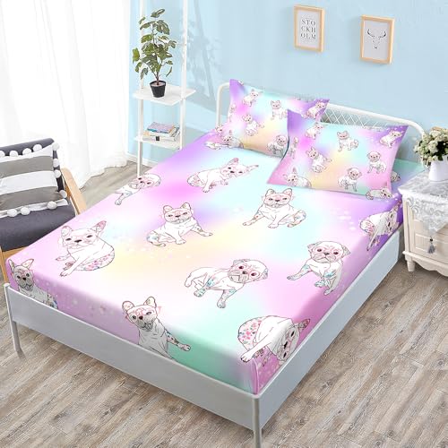 WXYDDXC Hoeslaken voor tweepersoonsbed, 160 x 190 cm, hond, roze, beige, set voor tweepersoonsbed, zacht, wasbaar, bedlaken voor tweepersoonsbed, 160 x 190 cm, met 2 kussenslopen