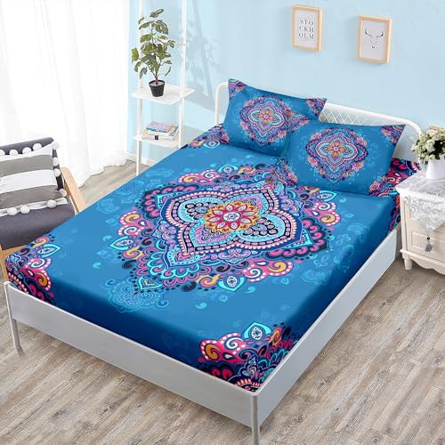 WXYDDXC Hoeslaken voor tweepersoonsbed, 160 x 190 cm, mandala-blauw, roze, set voor tweepersoonsbed, zacht, wasbaar, laken voor tweepersoonsbed, 160 x 190 cm, met 2 kussenslopen