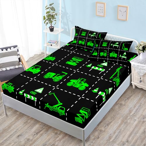 WXYDDXC Hoeslaken voor tweepersoonsbed, 180 x 200 cm, graafmachine, neongroen, set voor tweepersoonsbed, zacht, wasbaar, bedlaken voor tweepersoonsbed met 2 kussenslopen