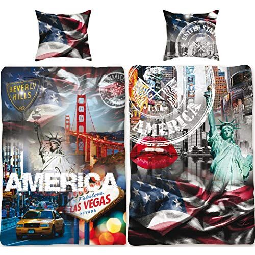 BERONAGE USA beddengoed set Stars and Stripes 135x200 + 80x80 cm 100% katoen Amerika dekbedovertrek blauw wit rood New York Taxi Las Vegas San Francisco sterren 2 motieven Duitse grootte ritssluiting