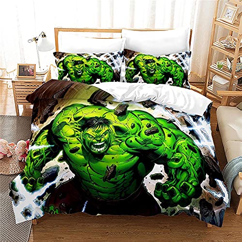 Agmdno The Avengers kinderbeddengoedset, beddengoed 135 x 200 cm + kussensloop 80 x 80 cm, beddengoed kinderen Hulk, 3D beddengoed (J,135 x 200 cm 80 x 80 cm x 1)