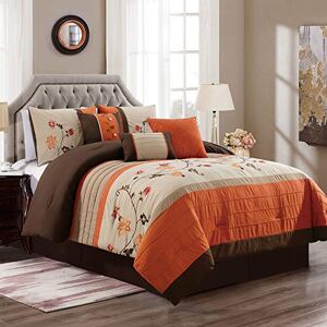 Chezmoi Collection Serene 7-delige luxe herfst bloemen borduurwerk beddengoed dekbed set, California King, oranje/bruin/taupe Chezmoi Collection Serene 7-delige luxe herfst bloemen borduurwerk beddengoed dekbed set, California King, oranje/bruin/taupe