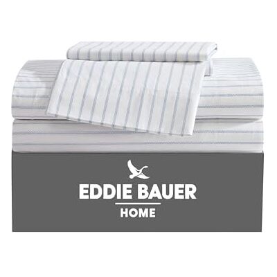 Eddie Bauer Kingsize lakens, perkal-katoenen beddengoedset, frisse en koele interieurdecoratie, wit gestreept (Essential Stripe White) Eddie Bauer Kingsize lakens, perkal-katoenen beddengoedset, frisse en koele interieurdecoratie, wit gestreept (Essential Stripe White)