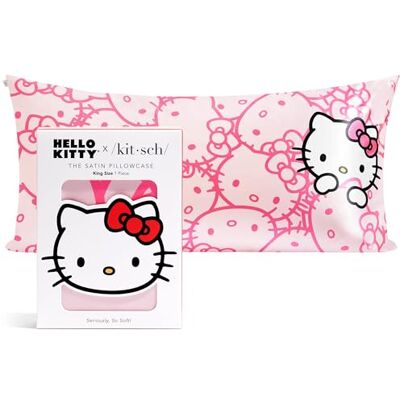 Kitsch x Hello Kitty satijnen kussensloop met rits voor haar, zachter dan zijde, machinewasbaar, kreukvrij, verkoelende, satijnen kussenslopen, king-formaat 48 x 91 cm, roze kattengezichten Kitsch x Hello Kitty satijnen kussensloop met rits voor haar, zachter dan zijde, machinewasbaar, kreukvrij, verkoelende, satijnen kussenslopen, king-formaat 48 x 91 cm, roze kattengezichten