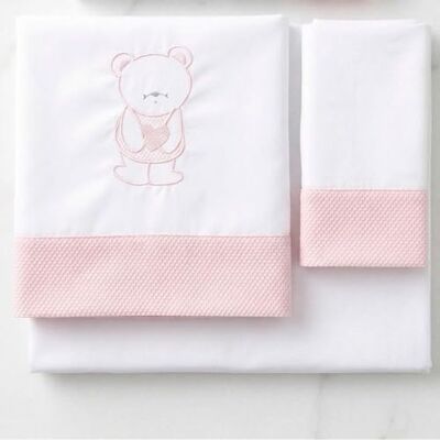 Babyline Babybedlaken van biologisch katoen, hoeslaken + kussen, geborduurd, 100% katoen, hypoallergeen, zacht, premium garen (Teddy Pink, maxibed 70 x 140 cm) Babyline Babybedlaken van biologisch katoen, hoeslaken + kussen, geborduurd, 100% katoen, hypoallergeen, zacht, premium garen (Teddy Pink, maxibed 70 x 140 cm)