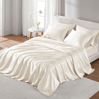 Madison Park Essentials Satijnen lakenset luxe en zijdeachtig met natuurlijke glans, elastische 14" zak past tot 16" matras, rondom elastisch het hele jaar door beddengoed, volledig, ivoor, 6-delig Madison Park Essentials Satijnen lakenset luxe en zijdeachtig met natuurlijke glans, elastische 14" zak past tot 16" matras, rondom elastisch het hele jaar door beddengoed, volledig, ivoor, 6-delig
