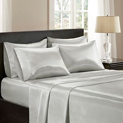 Madison Park Essentials Satijnen lakenset luxe en zijdeachtig met natuurlijke glans, elastische 14" zak past tot 16" matras, rondom elastisch het hele jaar door beddengoed, Cal King, lichtgrijs, Madison Park Essentials Satijnen lakenset luxe en zijdeachtig met natuurlijke glans, elastische 14" zak past tot 16" matras, rondom elastisch het hele jaar door beddengoed, Cal King, lichtgrijs,