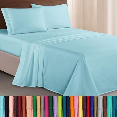 Elegant Comfort Luxe 1500 premium hotelkwaliteit microvezel drielijns geborduurde zachtste 4-delige lakenset, kreuk- en vervagingsbestendig, volledig, aquablauw Elegant Comfort Luxe 1500 premium hotelkwaliteit microvezel drielijns geborduurde zachtste 4-delige lakenset, kreuk- en vervagingsbestendig, volledig, aquablauw