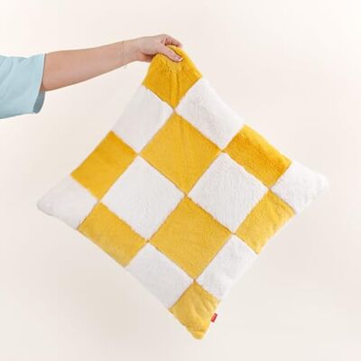 Heya Home Cozee Check Faux Fur Kussen - Geel - One Size Heya Home Cozee Check Faux Fur Kussen - Geel - One Size
