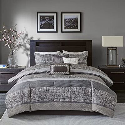Madison Park Luxe dekbedset: traditioneel jacquard ontwerp, beddengoed voor alle seizoenen, bijpassende bedrok, decoratieve kussens, Cal King (264 x 233 cm), Rhapsody, gestreept grijs/taupe 7-delig Madison Park Luxe dekbedset: traditioneel jacquard ontwerp, beddengoed voor alle seizoenen, bijpassende bedrok, decoratieve kussens, Cal King (264 x 233 cm), Rhapsody, gestreept grijs/taupe 7-delig