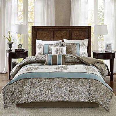 Madison Park All Season Down Alternatief beddengoed, bijpassende shams, bedrok, decoratieve kussens, polyester, caroline, blauw/bruin, koningin Madison Park All Season Down Alternatief beddengoed, bijpassende shams, bedrok, decoratieve kussens, polyester, caroline, blauw/bruin, koningin
