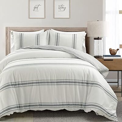 Lush Decor Farmhouse Stripe omkeerbare 3-delige katoenen dekbedovertrek set, vol/koningin, donkergrijs Lush Decor Farmhouse Stripe omkeerbare 3-delige katoenen dekbedovertrek set, vol/koningin, donkergrijs