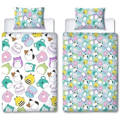 Character World Squishmallows Officiële eenpersoons dekbedovertrekset, Happy Design Omkeerbare 2-zijdige karakters beddengoed hoes inclusief bijpassende kussensloop, veelkleurig Character World Squishmallows Officiële eenpersoons dekbedovertrekset, Happy Design Omkeerbare 2-zijdige karakters beddengoed hoes inclusief bijpassende kussensloop, veelkleurig