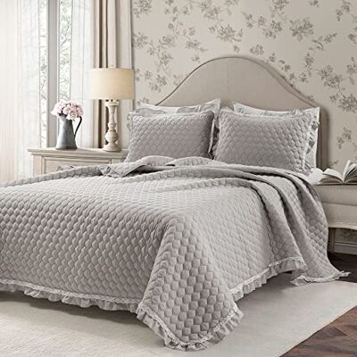 Lush Decor Ella vintage chic ruche kant 3-delige quilt set, king, lichtgrijs Lush Decor Ella vintage chic ruche kant 3-delige quilt set, king, lichtgrijs
