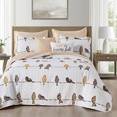 Lush Decor Rowley Birds Omkeerbare 7-delige Quilt Set, King, Geel & Grijs Lush Decor Rowley Birds Omkeerbare 7-delige Quilt Set, King, Geel & Grijs