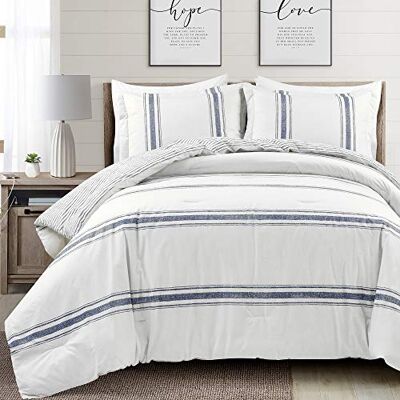 Lush Decor Omkeerbare katoenen dekbedset, Farmhouse Stripe, 3-delige set, full/queensize, marineblauw, gezellig boerderijbeddengoed, rustieke decoratie, gestreepte comforter, moderne Lush Decor Omkeerbare katoenen dekbedset, Farmhouse Stripe, 3-delige set, full/queensize, marineblauw, gezellig boerderijbeddengoed, rustieke decoratie, gestreepte comforter, moderne