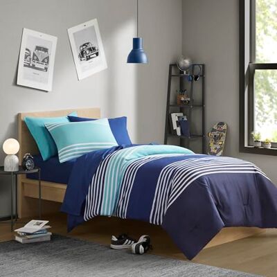 Comfort Spaces Twin Comforter Sets with Sheets Bed in a Bag 6 Pieces Teen Bedding Sets Twin, Navy/Grey Stripes Bedding, College Twin Bed Set, 2 Side Pockes Bedroom Organizer Navy Comfort Spaces Twin Comforter Sets with Sheets Bed in a Bag 6 Pieces Teen Bedding Sets Twin, Navy/Grey Stripes Bedding, College Twin Bed Set, 2 Side Pockes Bedroom Organizer Navy