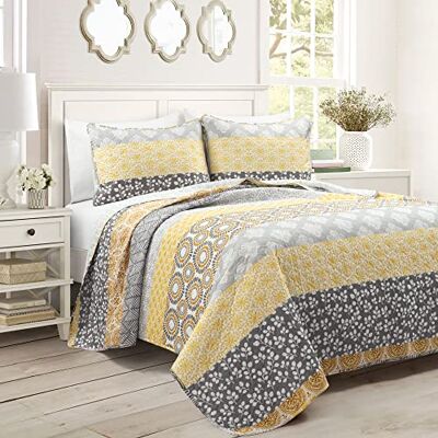 Lush Decor Bohemian Stripe Omkeerbare Oversized Katoen 3-delige Quilt Set, Geel & Grijs, Full/Queen Lush Decor Bohemian Stripe Omkeerbare Oversized Katoen 3-delige Quilt Set, Geel & Grijs, Full/Queen