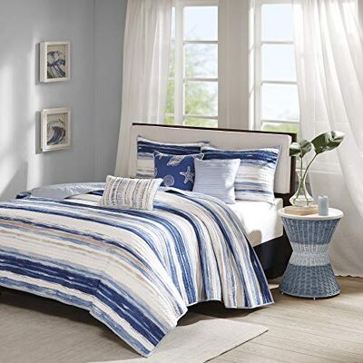 Madison Park Quilt Set Cottage Coastal Design, Zeester Print, Polyester Katoen, Blauw/Wit, Marina, King/Cal King (264 x 238,8 cm) Madison Park Quilt Set Cottage Coastal Design, Zeester Print, Polyester Katoen, Blauw/Wit, Marina, King/Cal King (264 x 238,8 cm)
