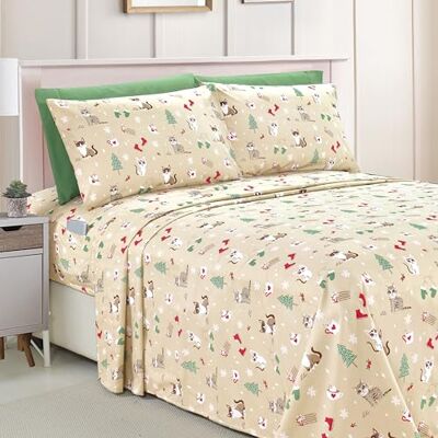 Elegant Comfort Luxe zachte lakens vakantiepatroon 1500 draaddichtheid Egyptische kwaliteit microvezel-zachtheid kreuk- en vervagingsbestendig (6-delig) beddengoedset, kingsize, crème katten Elegant Comfort Luxe zachte lakens vakantiepatroon 1500 draaddichtheid Egyptische kwaliteit microvezel-zachtheid kreuk- en vervagingsbestendig (6-delig) beddengoedset, kingsize, crème katten
