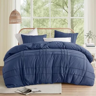 Comfort Spaces Navy Cal King Size Dekbedset 3-delige Pintuck geplooide beddengoedset, alle seizoenen lichtgewicht, extra zachtheid voorgewassen microvezel bedset, Shams Comfort Spaces Navy Cal King Size Dekbedset 3-delige Pintuck geplooide beddengoedset, alle seizoenen lichtgewicht, extra zachtheid voorgewassen microvezel bedset, Shams