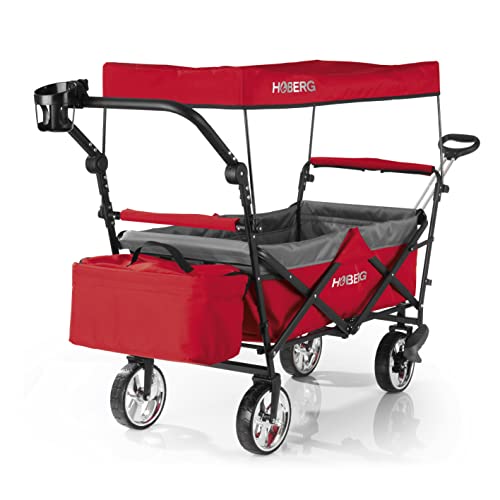 Hoberg Opvouwbare Premium Handkar incl. dak met UV-bescherming   Handkar met drankhouder, koeltas (13 liter), telescoopgreep & remmen   Als transportkar tot 80kg draagvermogen [Rood-Grijs]