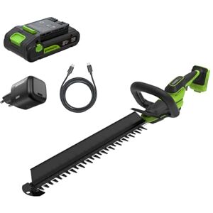 Greenworks Accu-Heggenschaar Set 24V 56 cm met accu, borstelloze motor, dubbele snijkant 28 mm, Hedge Sweeper, oplader inbegrepen HT2202A1 Greenworks Accu-Heggenschaar Set 24V 56 cm met accu, borstelloze motor, dubbele snijkant 28 mm, Hedge Sweeper, oplader inbegrepen HT2202A1