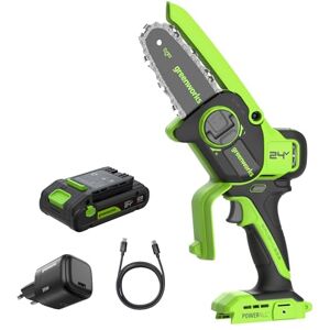 Greenworks 24V 10cm Mini Kettingszaag Borstelloos, Accukettingszaag Zonder Draad met Automatisch Oliesysteem, Snijsnelheid 7,8 m/s, Elektrische Kettingszaag met 2 Ah Accu en 30 W USB-C Oplader Greenworks 24V 10cm Mini Kettingszaag Borstelloos, Accukettingszaag Zonder Draad met Automatisch Oliesysteem, Snijsnelheid 7,8 m/s, Elektrische Kettingszaag met 2 Ah Accu en 30 W USB-C Oplader
