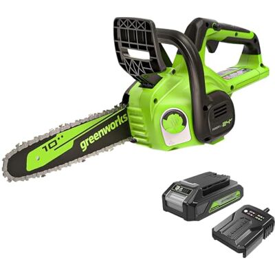 Greenworks 24V 10 inch draadloze kettingzaag met 2Ah batterij en oplader, 25 cm lang, 4,3 m/s kettingsnelheid, automatische olievuller, batterij kettingzaag kit, met anti-perforatiebeveiliging Greenworks 24V 10 inch draadloze kettingzaag met 2Ah batterij en oplader, 25 cm lang, 4,3 m/s kettingsnelheid, automatische olievuller, batterij kettingzaag kit, met anti-perforatiebeveiliging