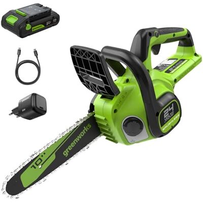 Greenworks 24V Draadloze Kettingzaag Brushless, Elektrische Zaag 25cm met 2Ah Batterij en 30W USB C Oplader, Automatische Olieversturing, KettingSnelheid 7.8m/s Greenworks 24V Draadloze Kettingzaag Brushless, Elektrische Zaag 25cm met 2Ah Batterij en 30W USB C Oplader, Automatische Olieversturing, KettingSnelheid 7.8m/s