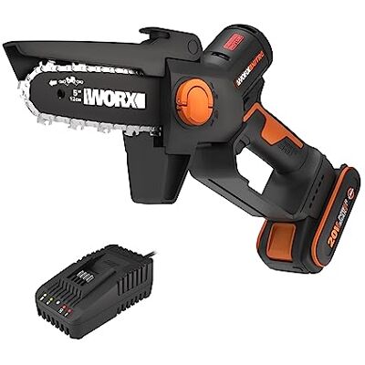 WORX WG325E Mini-kettingzaag, draadloos, 20 V, borstelloos, geleiding 12 cm, snede 10 cm, voor snoeien, snijden, snijden, beschermkap, levering met 1 accu 2 Ah WORX WG325E Mini-kettingzaag, draadloos, 20 V, borstelloos, geleiding 12 cm, snede 10 cm, voor snoeien, snijden, snijden, beschermkap, levering met 1 accu 2 Ah