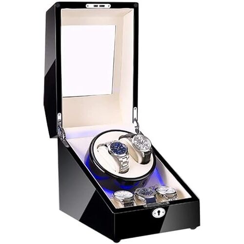SIBEG Kijk Watch Winder Box voor automatische horloges, met LED-licht, zwarte pianolak buitenkant, stille motor, geschikt voor dames- en herenhorloges (kleur: zwart+bruin)