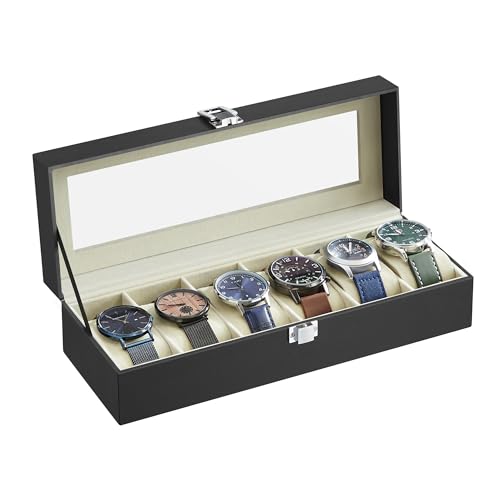 SONGMICS horlogebox 6 horloges, horlogebox met glazen deksel, fluwelen horlogekussen, horlogekast met slot, 30 x 11,2 x 8 cm, PU-deksel in zwart, fluwelen voering in beige JWB06BE