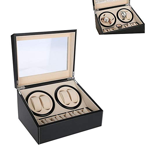 Qkiss Horlogewikkelaar, horlogebox, horlogebox, 4 automatische horloges + 6 roosters, horlogedoos, geluidsarme rotatiemotor (EU zwart)