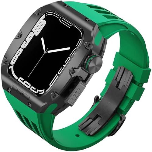 IORUYB Titanium legering horlogekast+fluororubber horlogeband luxe RM modificatieset, voor Apple Watch 8 45 mm 6 5 4 44 mm Mod Kit legering horlogeband (kleur: G, maat: 45 mm)