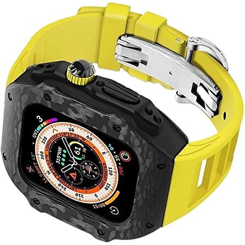 SCRUBY Koolstofvezel horlogekast+rubberen horlogeband mod kit, voor Apple Watch SE 8/7/6/5/4, mannen 49 mm roestvrij stalen horlogekast gesp titanium bescherming cover vervanging kit, voor Iwatch 44