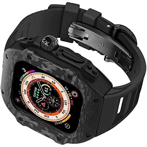 INFRI Koolstofvezel horlogekast+rubberen horlogeband mod kit, voor Apple Watch SE 8/7/6/5/4, mannen 49 mm roestvrij stalen horlogekast gesp titanium bescherming cover vervanging kit, voor Iwatch 44 mm