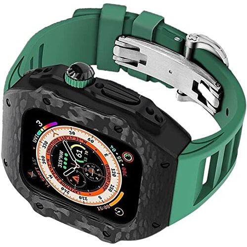 SCRUBY Koolstofvezel horlogekast+rubberen horlogeband mod kit, voor Apple Watch SE 8/7/6/5/4, mannen 49 mm roestvrij stalen horlogekast gesp titanium bescherming cover vervanging kit, voor Iwatch 44