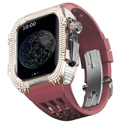 NFRFK Horloge modificatie kit titanium legering horlogekast en fluororubber horlogeband kit, voor Apple Watch 8 7 45 mm serie horloge upgrade modificatie accessoires (kleur: donkerrood 4, maat: 45 mm)