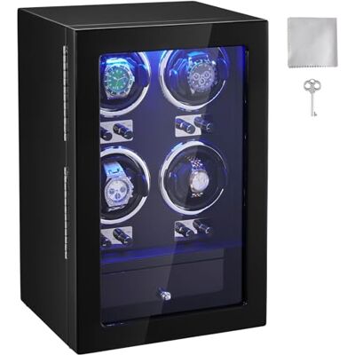 VEVOR Horlogewinder voor 4 automatische horloges voor dames en heren, met 4 Japanse Mabuchi-motoren, super stil, blauw ledlicht en adapter, kartonnen behuizing met hoge dichtheid en VEVOR Horlogewinder voor 4 automatische horloges voor dames en heren, met 4 Japanse Mabuchi-motoren, super stil, blauw ledlicht en adapter, kartonnen behuizing met hoge dichtheid en