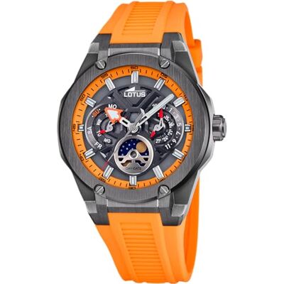 Lotus Analoog Herenhorloge met Fase Lunar van Rubber Oranje Lotus Analoog Herenhorloge met Fase Lunar van Rubber Oranje